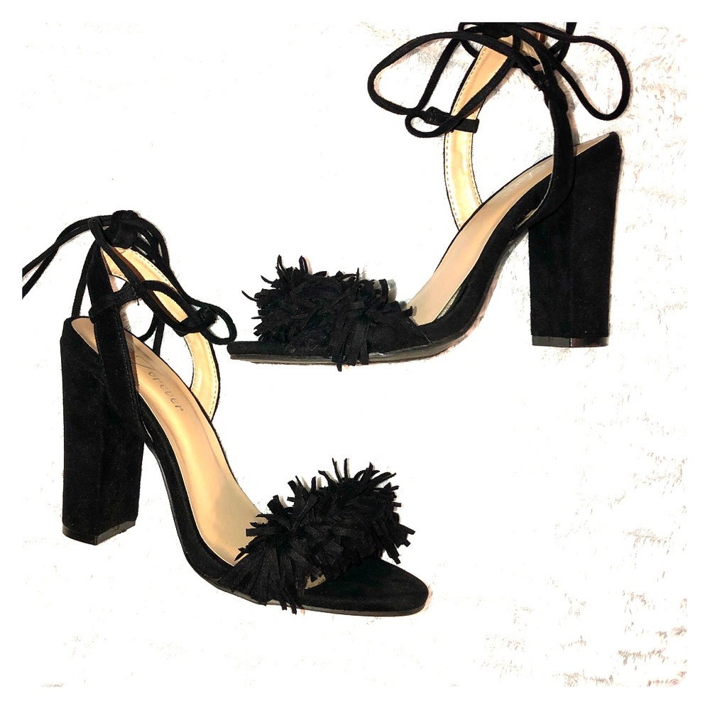 Suede fringe ankle tie sandals heels